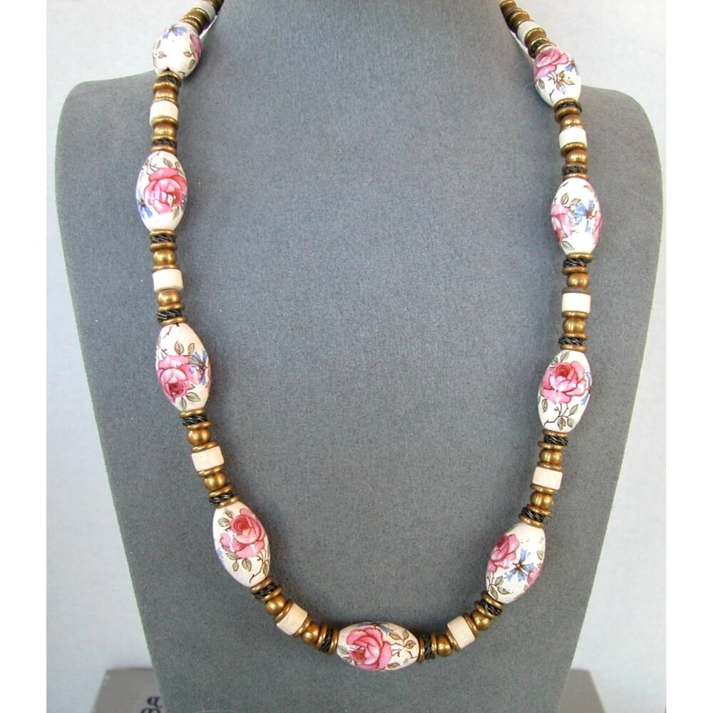 Vintage Hand Painted  Floral Ceramic Bead Necklace, Brass Accents & Barrel Clasp